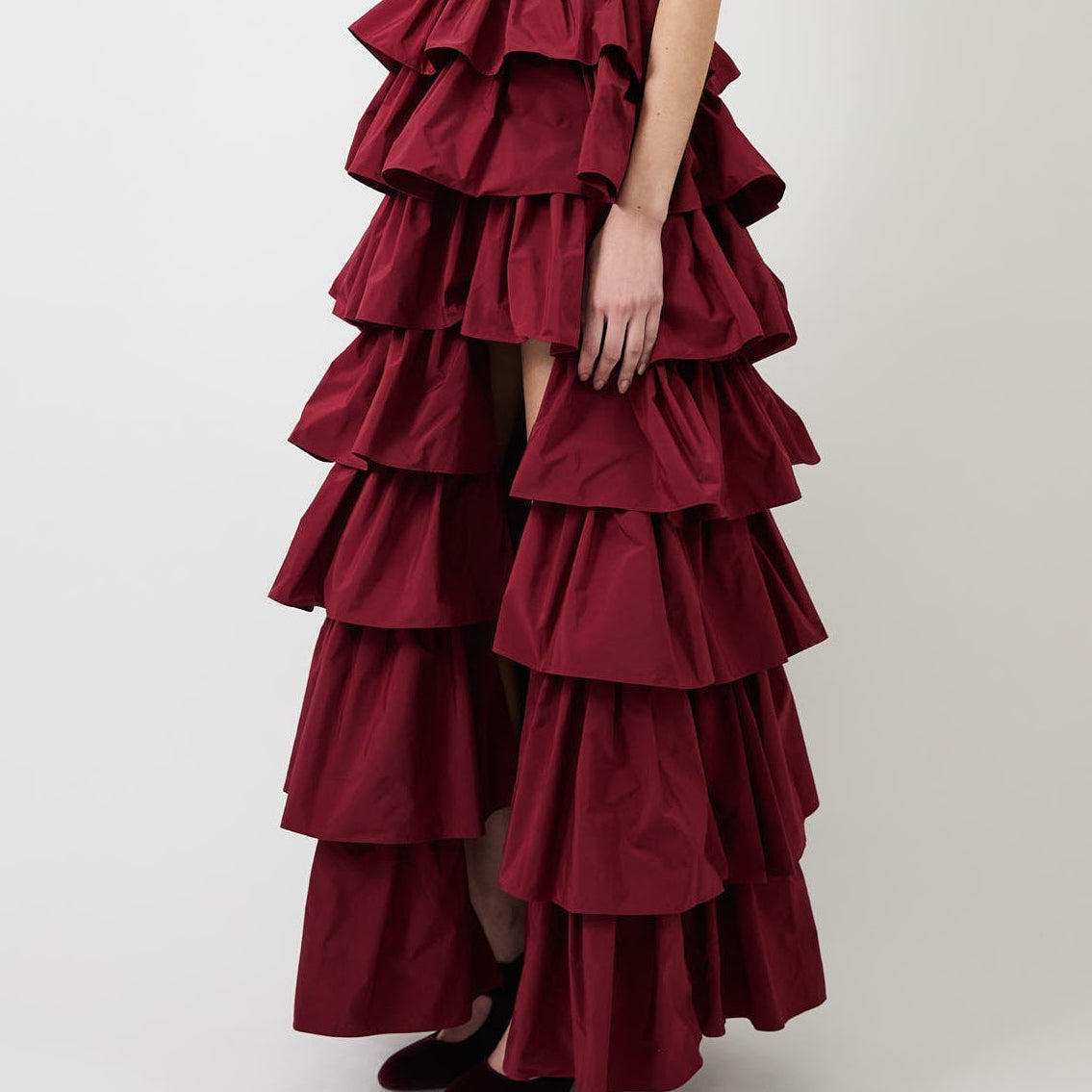 Women's Deep V Neck Ruffled Maxi Evening Gown with Slit