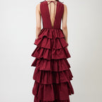 Women's Deep V Neck Ruffled Maxi Evening Gown with Slit
