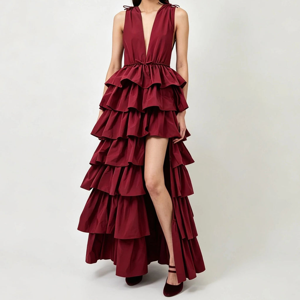 Women's Deep V Neck Ruffled Maxi Evening Gown with Slit