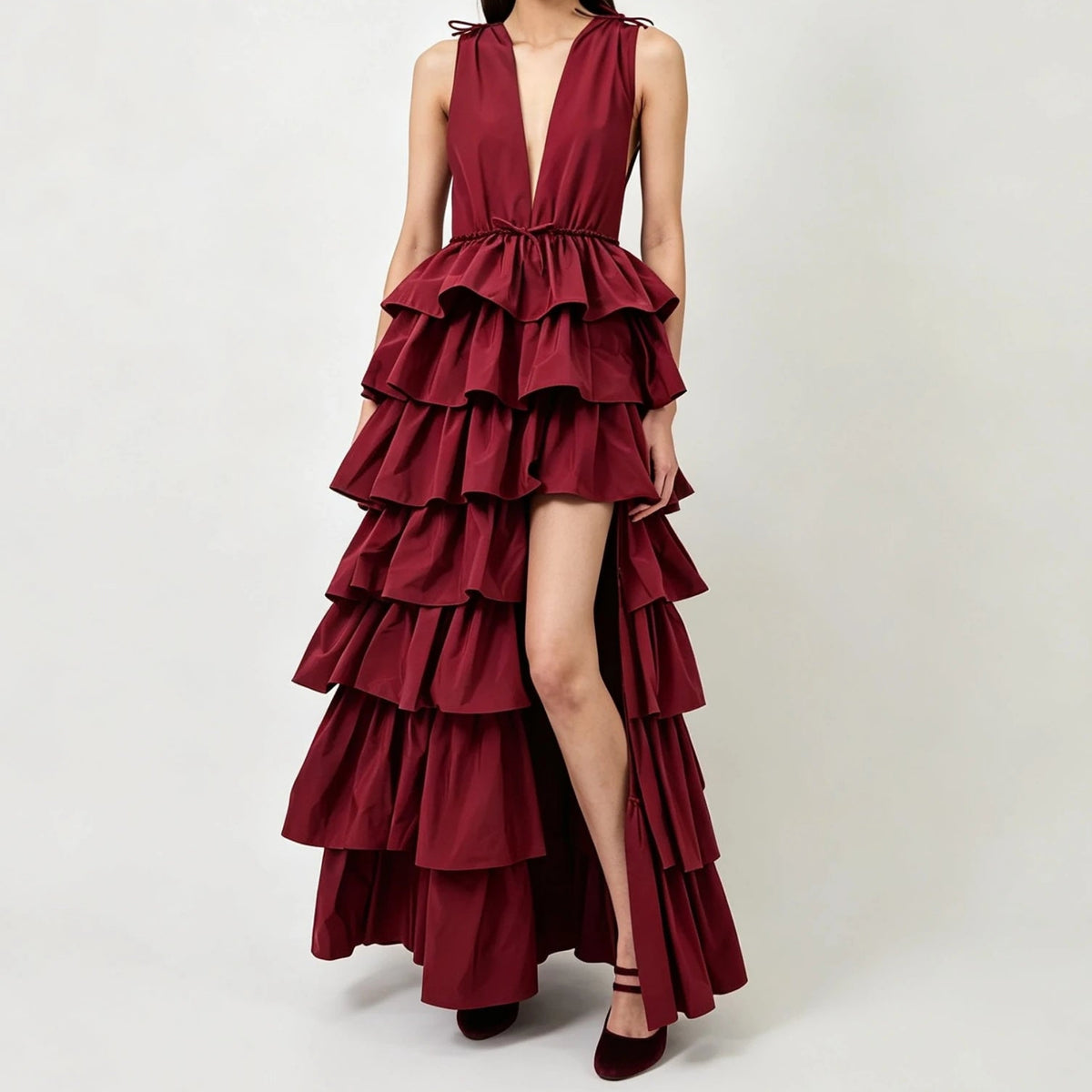 Women's Deep V Neck Ruffled Maxi Evening Gown with Slit