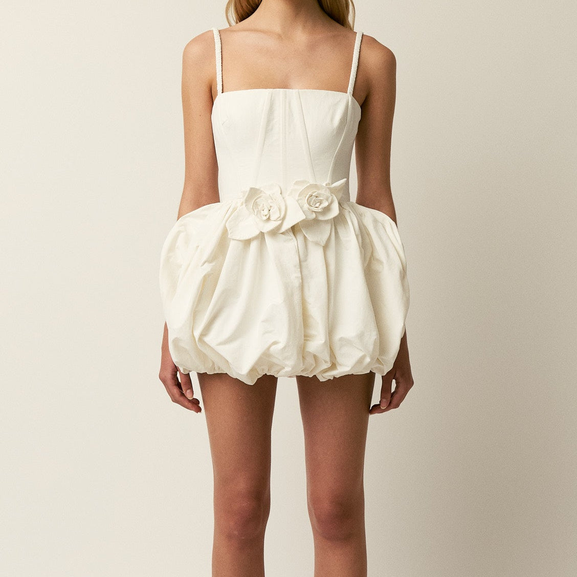 Women's Square Neck Puff Sleeve Mini Dress with Spaghetti Straps