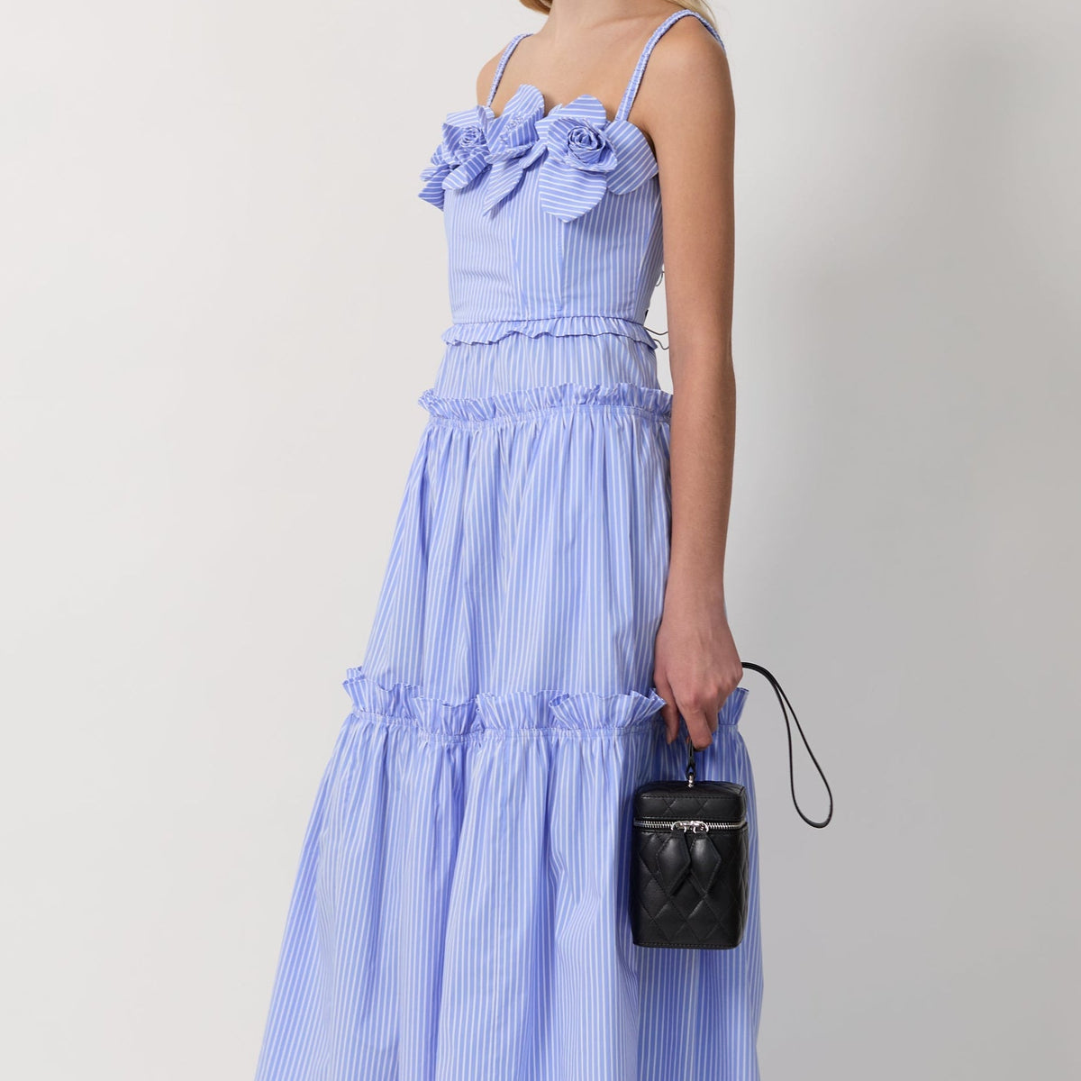 Women's Striped Floral Midi Dress with Delicate Straps