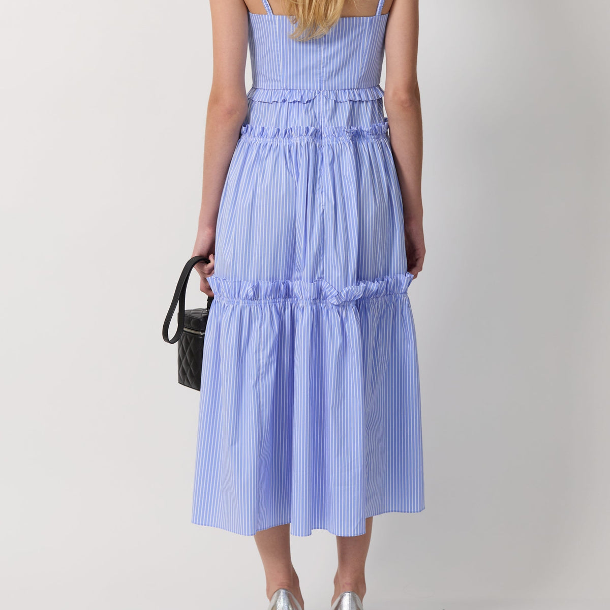 Women's Striped Floral Midi Dress with Delicate Straps