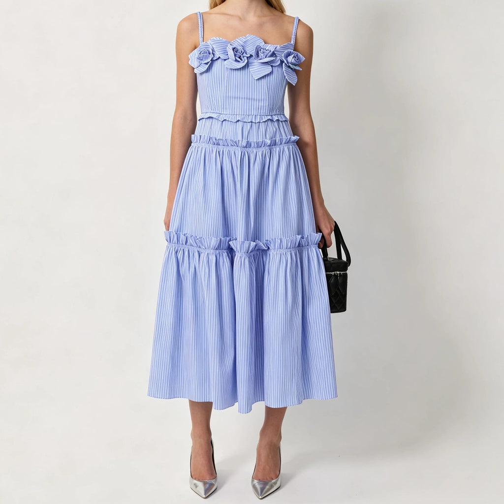 Women's Striped Floral Midi Dress with Delicate Straps