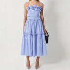 Women's Striped Floral Midi Dress with Delicate Straps