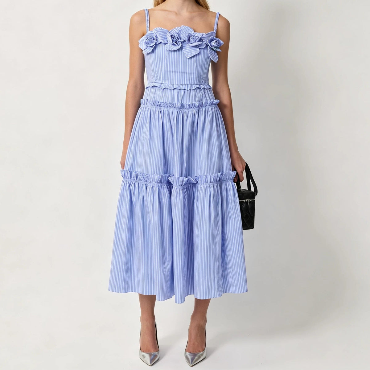 Women's Striped Floral Midi Dress with Delicate Straps