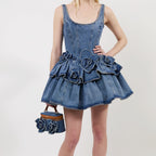 Women's U Neck Ruffled Denim Mini Dress
