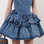 Women's U Neck Ruffled Denim Mini Dress