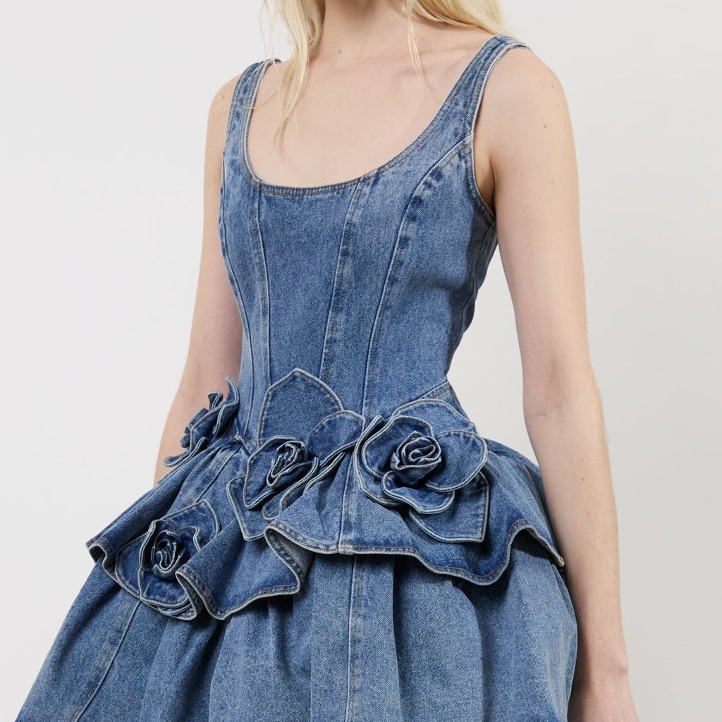 Women's U Neck Ruffled Denim Mini Dress