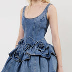 Women's U Neck Ruffled Denim Mini Dress