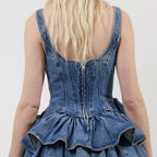 Women's U Neck Ruffled Denim Mini Dress