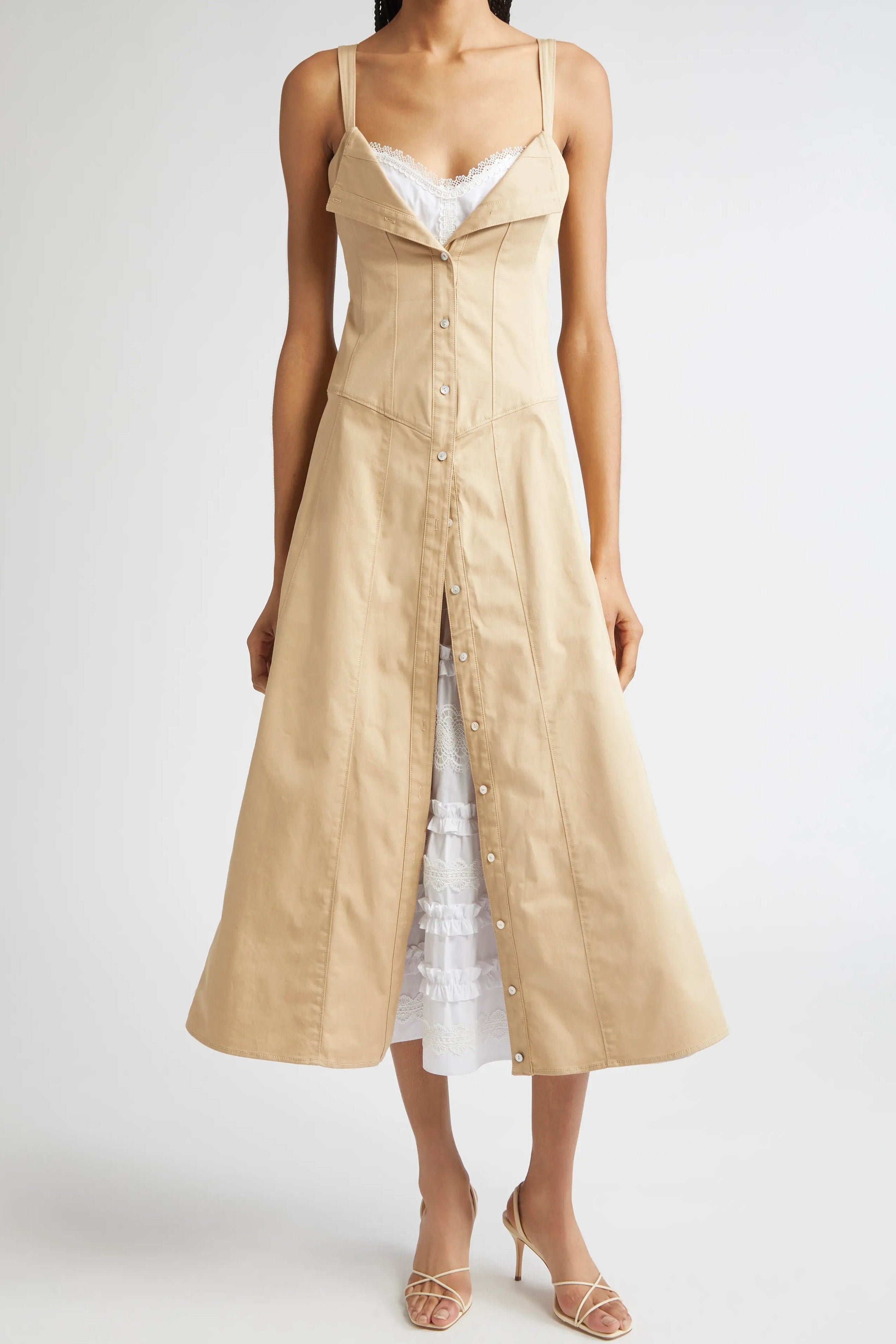 Khaki Sleeveless Corset Seam Cami Midi Dress